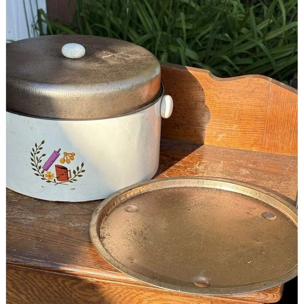 Vintage Tin Metal Pie Cake Carrier With Colorful Kitchen Utensils 3 Piece